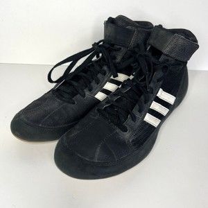 Adidas Wrestling Shoes Mens 9.5 Mid Sneakers Black Leather Lace Up Strap AQ3325